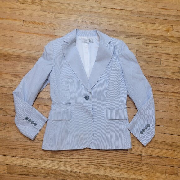 Classic Tahari Cotton Stretch White Blue Striped Pocket Blazer Jacket size 8 - Picture 1 of 12